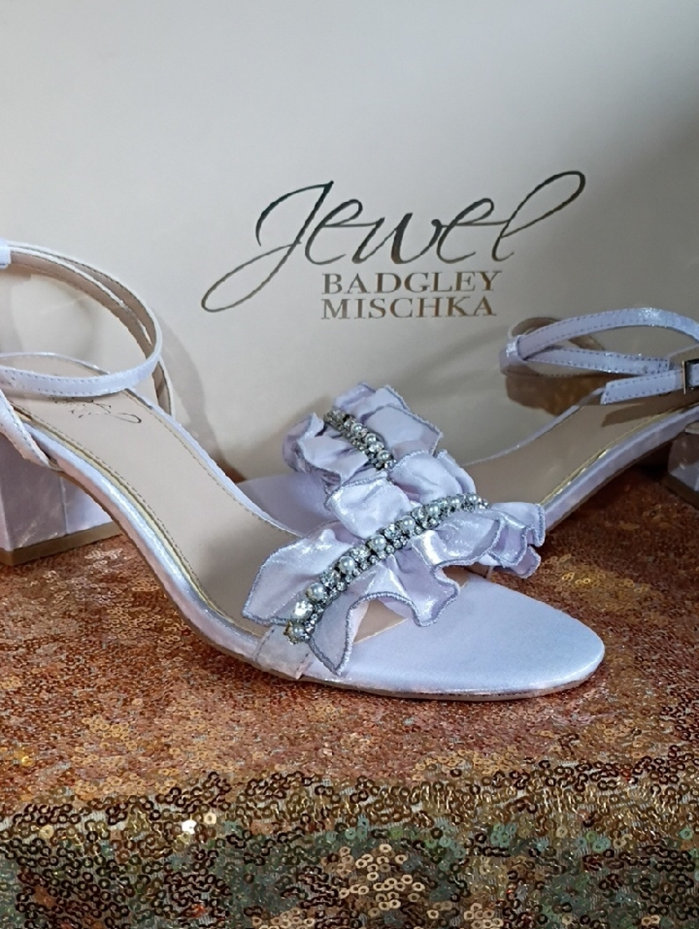 Badgley Mischka Lilac Satin Ruffle Crystal-Embellished Sandals